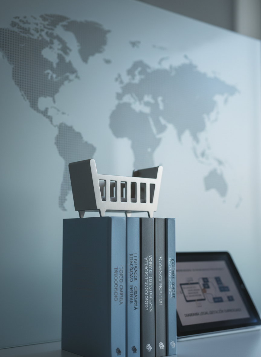 A symbolic workspace dedicated to gestación subrogada: at the center, a minimalist crib-shaped outline crafted from brushed aluminum stands atop a stack of meticulously arranged international legal codes in muted blue and gray covers. Behind, a frosted glass panel subtly etched with a world map hints at cross-border complexity without showing any people. A digital tablet nearby displays a blurred legal diagram labeled in Spanish. Cool, diffused daylight enters from the right, creating soft gradients on the metal and glass surfaces. Shot at a low, slightly oblique angle with a shallow depth of field, in clean, photographic realism, the scene feels thoughtful, ethically serious, and highly professional.