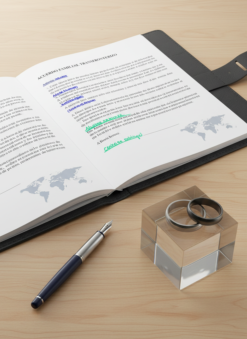 An open legal binder in textured dark gray leather lies on a light oak table, displaying a carefully drafted family agreement in Spanish, with color-coded annotations in blue and green pen. Beside it, two interlocking metal rings rest atop a small frosted glass block, symbolizing family bonds, and a subtle world map is printed in pale ink on the page margin. A sleek fountain pen with a brushed steel body and navy grip is placed parallel to the binder’s spine. Soft overhead studio lighting creates even illumination and delicate reflections on the metal accents. Composed using the rule of thirds with moderate depth of field, photographic realism, and a calm, ordered mood that suggests precision in cross-border family law documentation.
